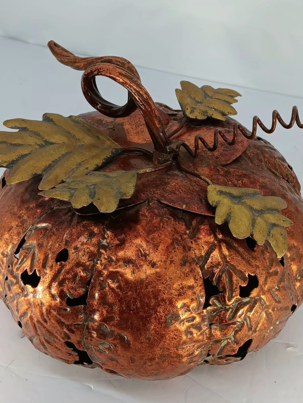 Decorative Metal Pumpkin In Burnt Copper with Gold Leaves